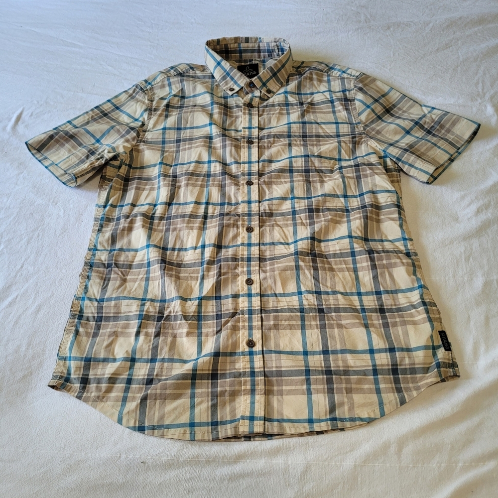 Prana Tencel/Lycocell Blend Button Up Shirt Mens Size Large Short Sleeve Plaid